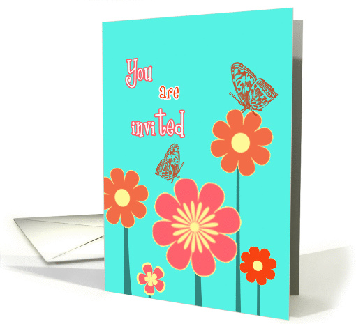 you are invited, floral turquoise, red, butterflies invitation card