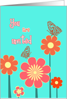 you are invited, floral turquoise, red, butterflies invitation card