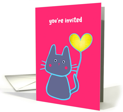 you are invited, kid's birthday party, pink cat with balloon card