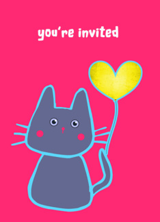 you are invited, kid's birthday party, pink cat with balloon