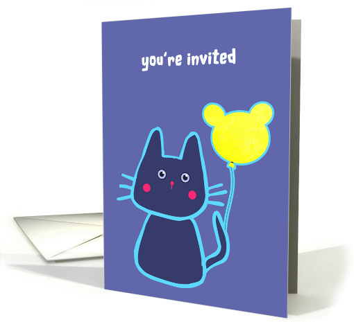 you are invited, kid's birthday party, blue cat with balloon card