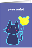 you are invited, kid’s birthday party, blue cat with balloon card