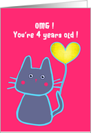 happy 4th birthday, pink cat with balloon, card