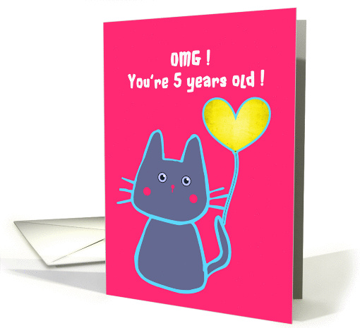 happy 5th birthday, pink cat with balloon card (202636)