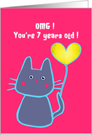 happy 7th birthday, pink cat with balloon card