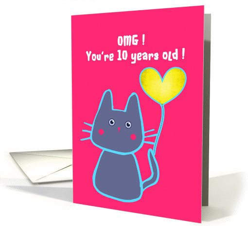 happy 10th birthday, pink cat with balloon card (202648)