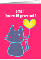 happy 10th birthday, pink cat with balloon card