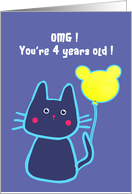 happy 4th birthday, cat with balloon, blue card