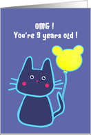 happy 9th birthday, blue cat with balloon card