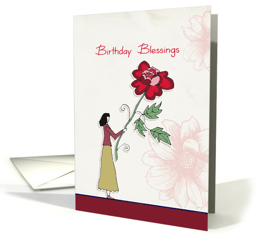 Birthday Blessings, Christian birthday card, Woman holding Flower card