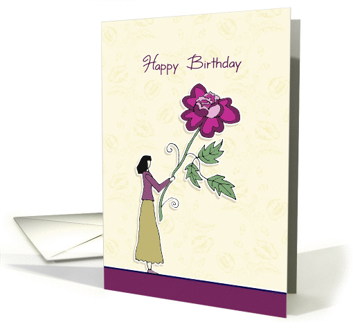 happy birthday, beige,lady with flower card (204530)