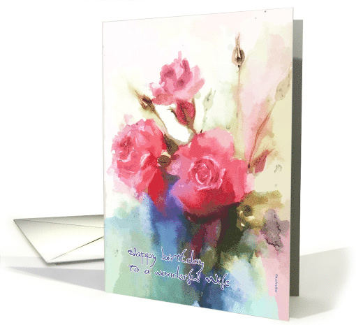 Happy birthday to a wonderful wife, Red roses in a blue vase card