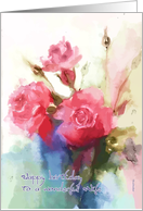 Happy birthday to a wonderful wife, Red roses in a blue vase card