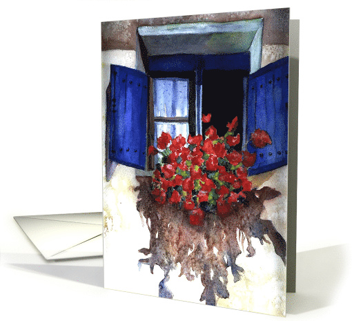 Geraniums in window, Christian Birthday card, Irish Blessing card