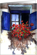 Geraniums in window,...