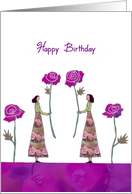 happy mutual birthday, two women holding roses, illustration card