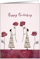 Happy Mutual Birthday, Women holding Roses, Illustration card