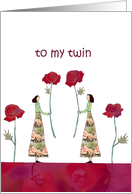 Happy birthday to my twin sister, two girls holding roses card