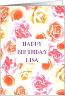 Lisa, Happy Birthday, Delicate Yellow and Pink/Red Roses card