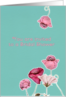 you are invited, bridal shower, pink poppy florals, teal background card