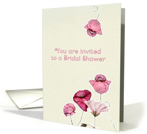 invitation, bridal shower, pink flowers on ecru background card