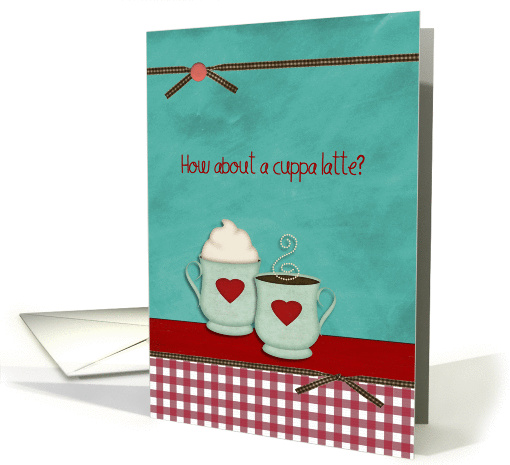 how about a cuppa coffee, two mugs on teal background card (216829)