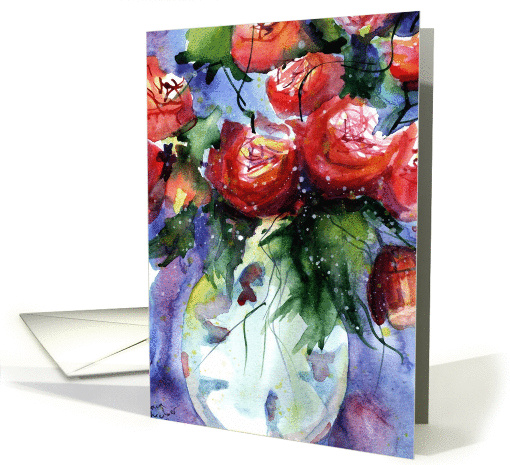 birthday roses in vase, happy birthday, watercolor painting card