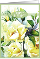 Happy Birthday, White Roses, Watercolor painting card