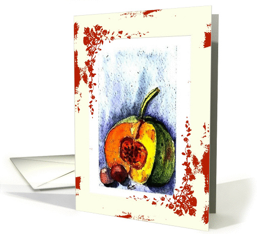 pumpkin and plums still life red border card (235326)