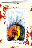 pumpkin and plums still life red border card