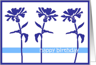 happy birthday three flowers blue card