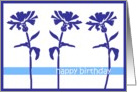 happy birthday three flowers blue card