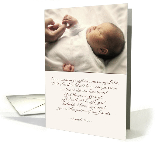 Isaiah 49:15, encouragement scripture, baby holding hand card (259081)
