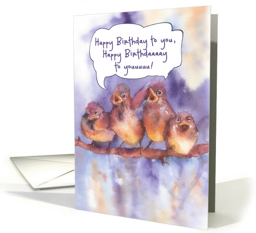 happy birthday to you, singing sparrows, watercolor painting card