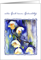 German happy birthday,white flowers, alles Gute zum Geburtstag card