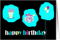 happy birthday cake balloons black card