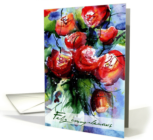 feliz cumpleanos vibrant red roses in vase card (293206)