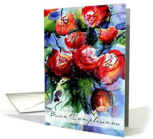 Buon compleanno vibrant red roses in vase card (293286)