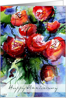 Happy Anniversary, Vibrant red roses in vase, Watercolor painting card