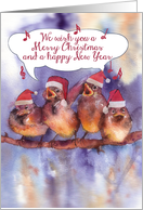 merry christmas, singing birds with red hats, watercolor painting card
