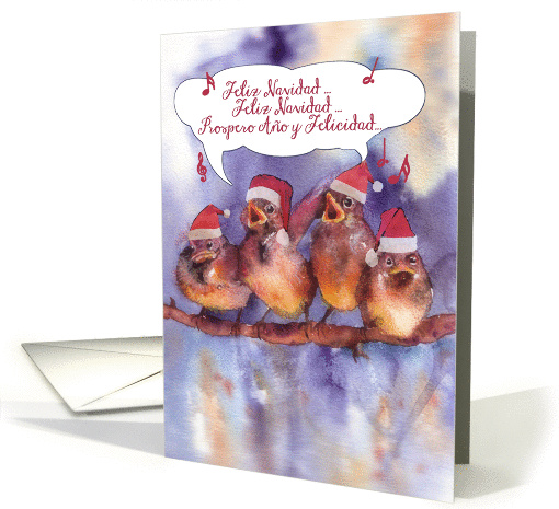 feliz navidad, cute Spanish Christmas Card, singing sparrows card