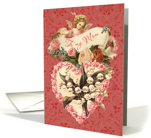Mom, Happy Valentine's Day, vintage angel, roses and heart card