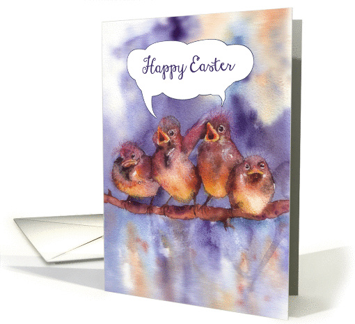 Happy Easter, cute singing sparrows, watercolor painting card (400256)
