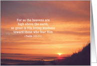 psalm 103:11, sunset on beach, Christian Scripture card, encouragement card