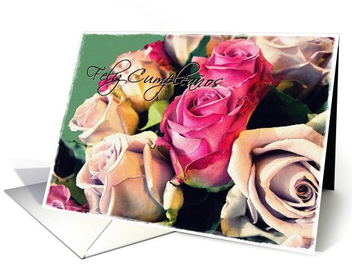 feliz cumpleaos cream and pink roses card (442974)