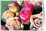 happy birthday cream and pink roses card