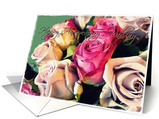 happy anniversary, darling, cream and pink roses card (443298)