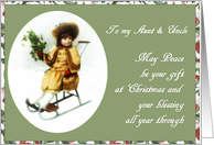 to my aunt and uncle merry christmas girl on sleigh holly card