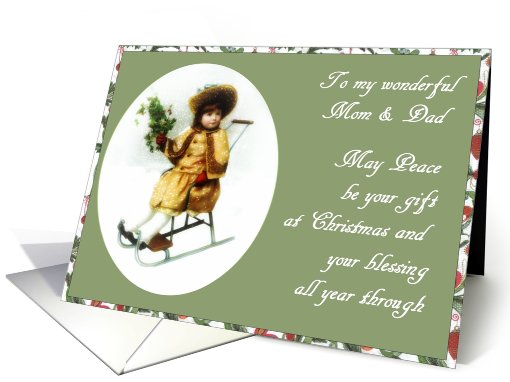 to my wonderful mom and dad  merry christmas girl on sleigh holly card