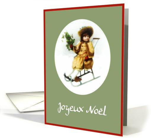joyeux noel french merry christmas girl on sleigh holly card (502973)